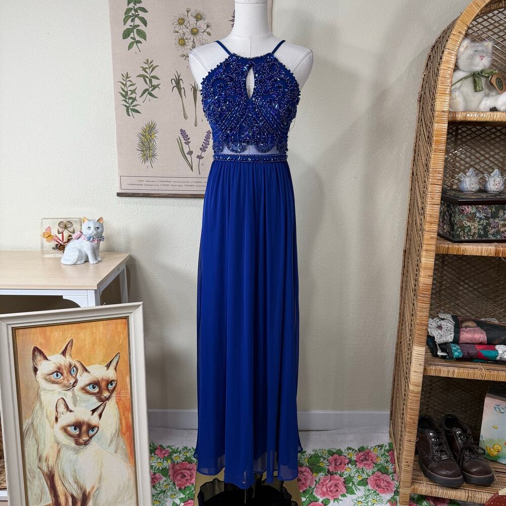 Y2k Beaded Sequin Sheer Mesh Formal Dress Fairy Prom Hoco Romantic Whimsy XS